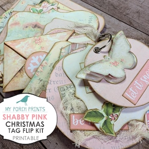 Shabby Pink, Christmas, Tag Flip, Junk Journal Kit, Gift Tag, Ephemera, My Porch Prints Store, Printable, Digi Kit, Scrapbook, Download