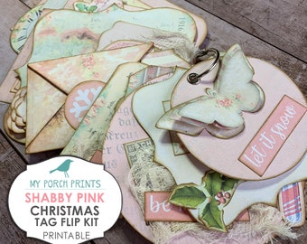 Shabby Pink, Christmas, Tag Flip, Junk Journal Kit, Gift Tag, Ephemera, My Porch Prints Store, Printable, Digi Kit, Scrapbook, Download