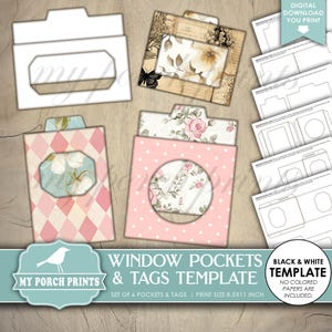 Window Pockets And Tags TEMPLATE, Junk Journal, Ephemera, Black and White, Set, Specimen Cards, My Porch Prints, Printable, Digital Download