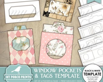 Window Pockets And Tags TEMPLATE, Junk Journal, Ephemera, Black and White, Set, Specimen Cards, My Porch Prints, Printable, Digital Download