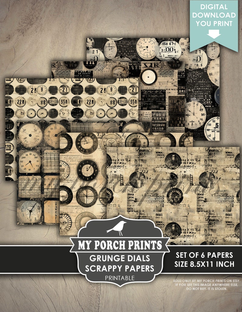 Grunge Dials Scrappy Papers, Junk Journal Pages, Steampunk, Clock, Black, Men, Neutral, Paper, My Porch Prints, Printable, Digital Download Bild 3