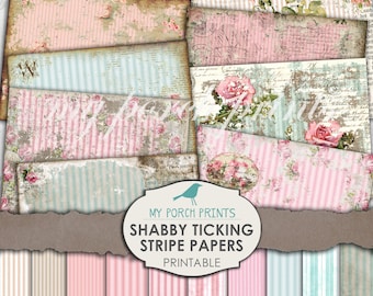 Shabby Ticking Stripe Papers, Junk Journal, Printable, Ephemera, Chic, Collage Sheet, Journal Pages, My Porch Prints, Scrapbook, Download