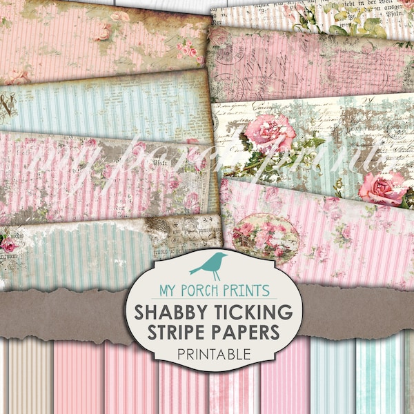 Shabby Ticking Stripe Papers, Junk Journal, Printable, Ephemera, Chic, Collage Sheet, Journal Pages, My Porch Prints, Scrapbook, Download