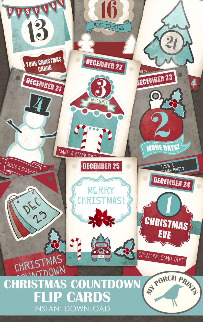 May include: A set of 10 printable Christmas countdown flip cards with a vintage style. The cards feature a different activity or tradition for each day leading up to Christmas. The cards are decorated with red, blue, and white colors and have a distressed look.