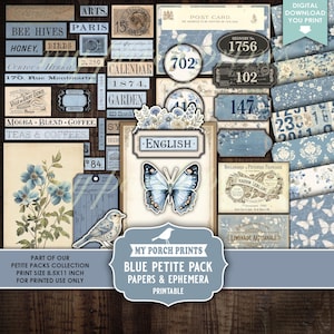 Blue Petite Pack Junk Journal Ephemera and Papers Kit, Shabby Numbers Vintage Labels Fussy Cuts My Porch Prints Printable Digital Download