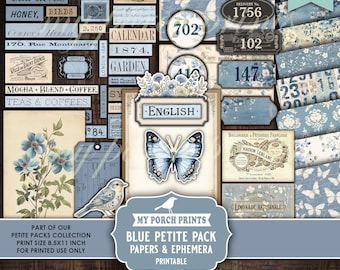 Blue Petite Pack Junk Journal Ephemera and Papers Kit, Shabby Numbers Vintage Labels Fussy Cuts My Porch Prints Printable Digital Download
