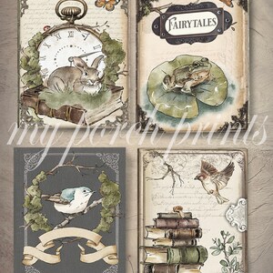 May include: Four vintage-style book covers with illustrations of a rabbit, frog, bird, and a stack of books. The covers are decorated with ornate frames and have a distressed, aged look. The text on one cover reads "Fairytales".