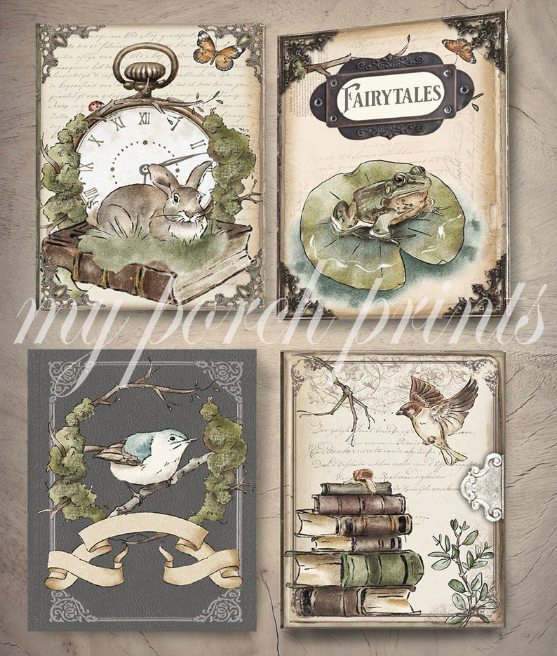 May include: Four vintage-style book covers with illustrations of a rabbit, frog, bird, and a stack of books. The covers are decorated with ornate frames and have a distressed, aged look. The text on one cover reads "Fairytales".