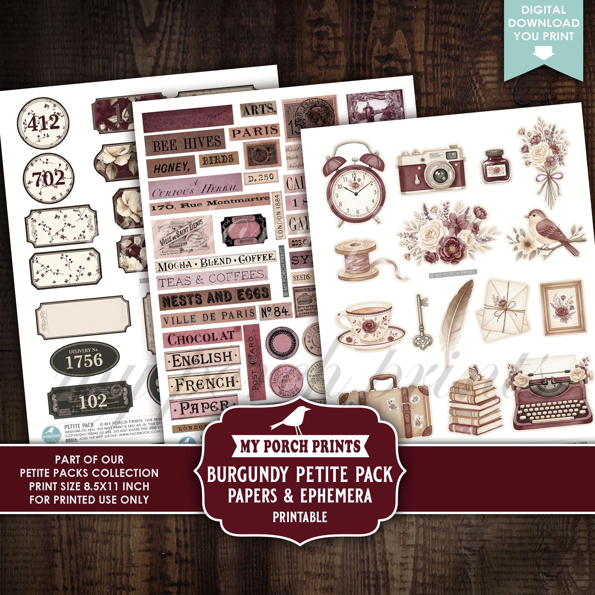Burgundy Petite Pack Junk Journal Ephemera and Papers Kit, Red, Numbers ...