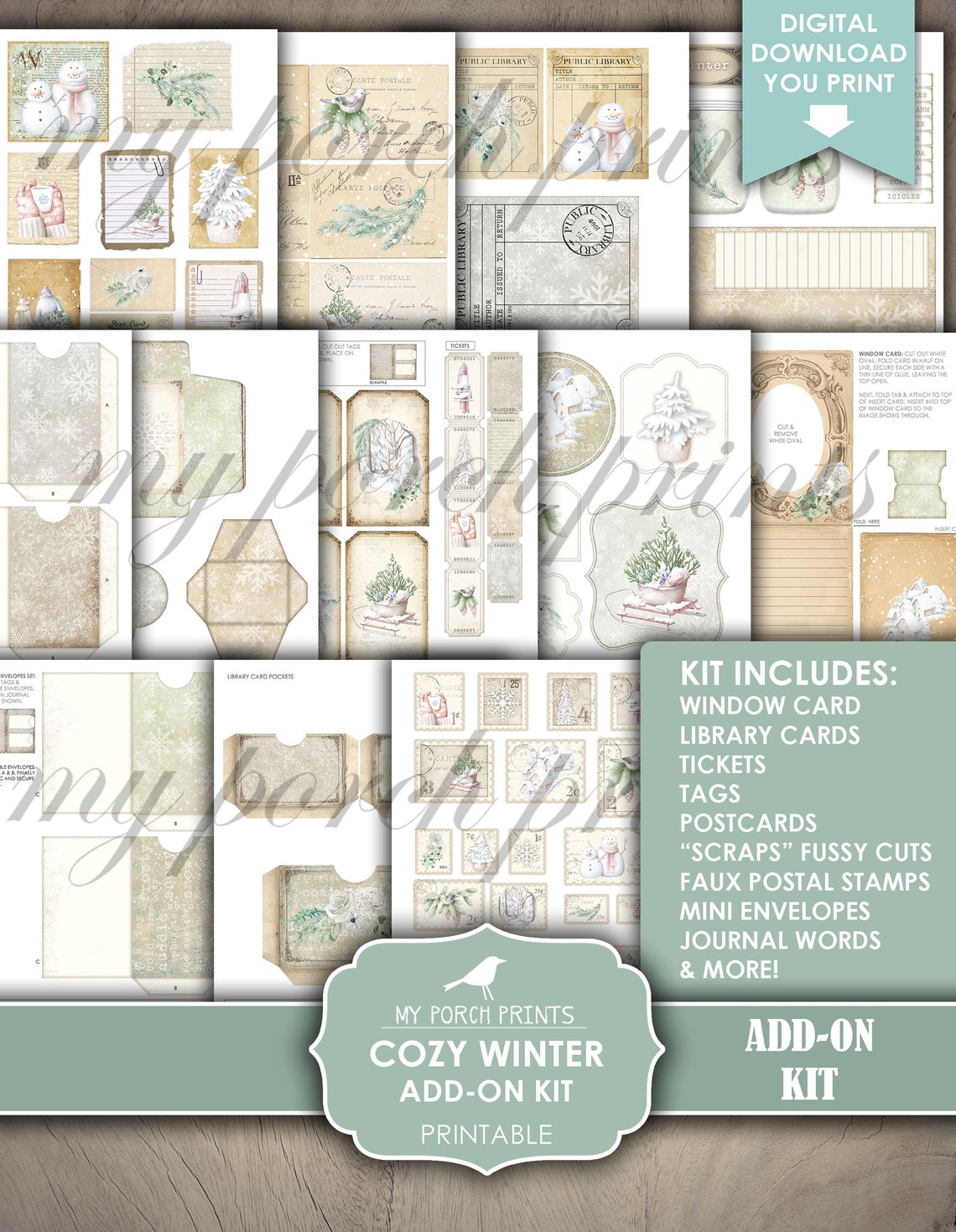 Cozy Winter Junk Journal Add on Kit, December, Green, White, Forest ...