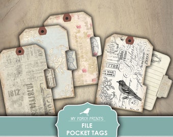 Junk Journal, File Pocket Tags, Ephemera, Shabby, Blue, Neutral, Faded Grunge, Black and White, My Porch Prints, Digital Download, Printable