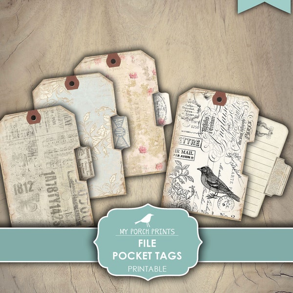 Junk Journal, File Pocket Tags, Ephemera, Shabby, Blue, Neutral, Faded Grunge, Black and White, My Porch Prints, Digital Download, Printable