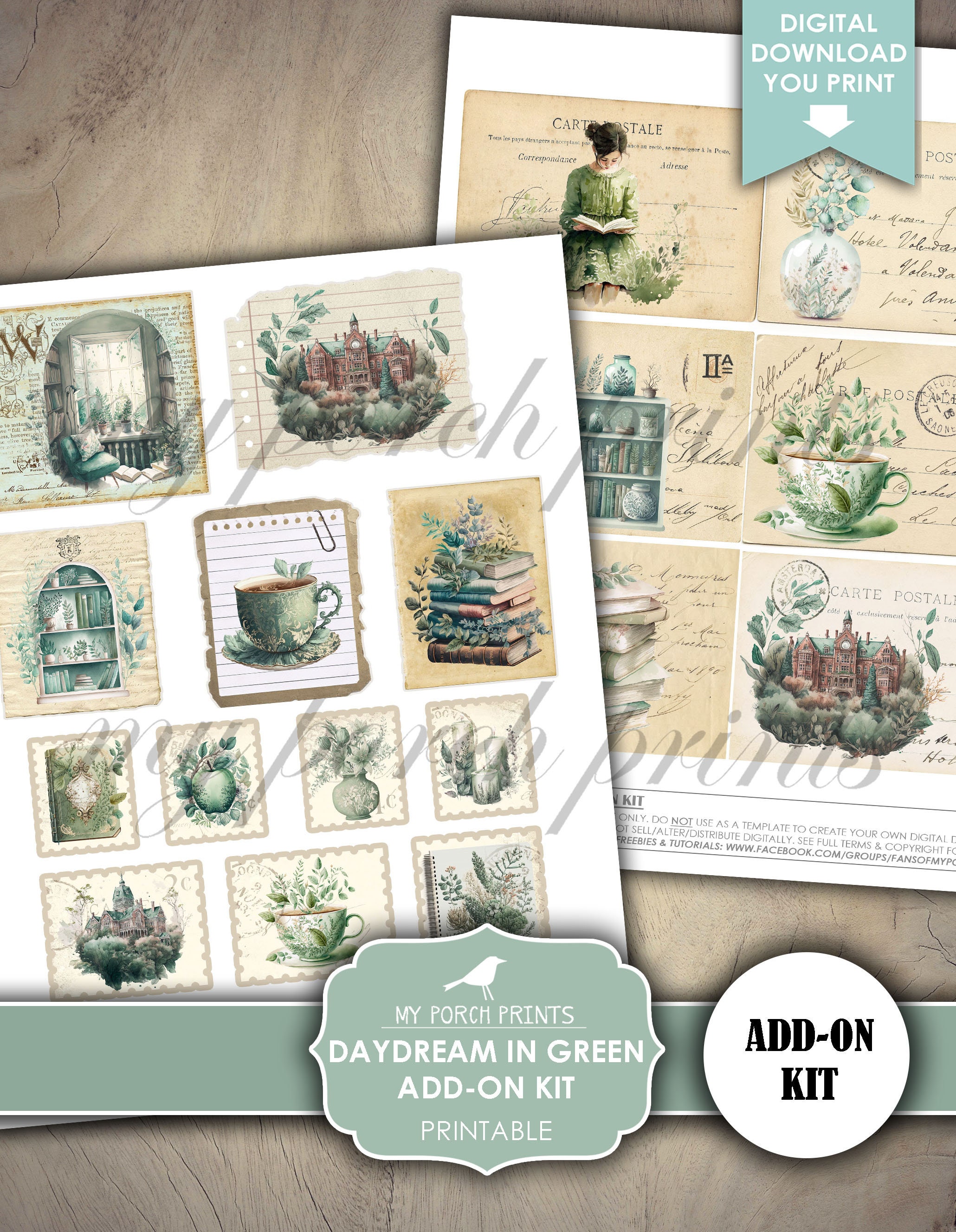 Junk Journal, Daydream in Green, Add on Kit, Library, Books, Home ...