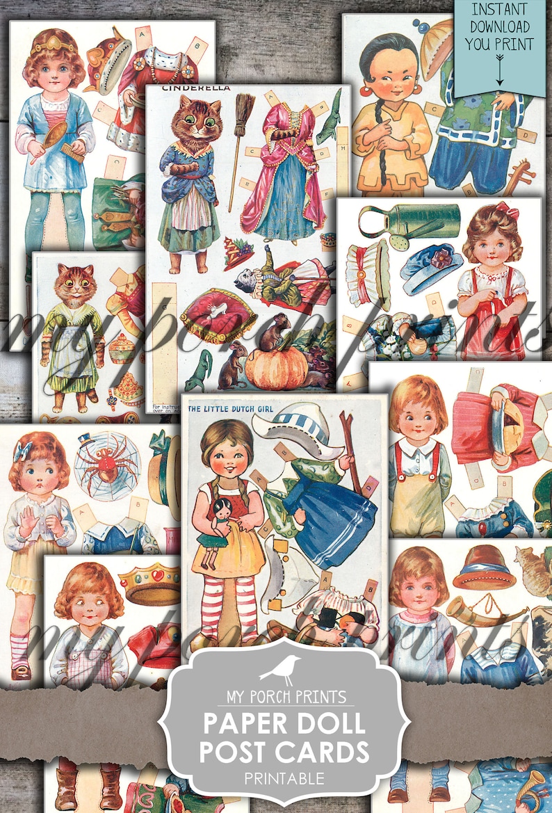 Puede incluir: Postales de papel de mu&ntilde;ecas imprimibles con ilustraciones vintage de ni&ntilde;os vestidos con varios disfraces. Las mu&ntilde;ecas est&aacute;n listas para ser recortadas y jugadas. El conjunto incluye una mu&ntilde;eca Cenicienta, una mu&ntilde;eca holandesa y una mu&ntilde;eca de ni&ntilde;o con traje de marinero.
