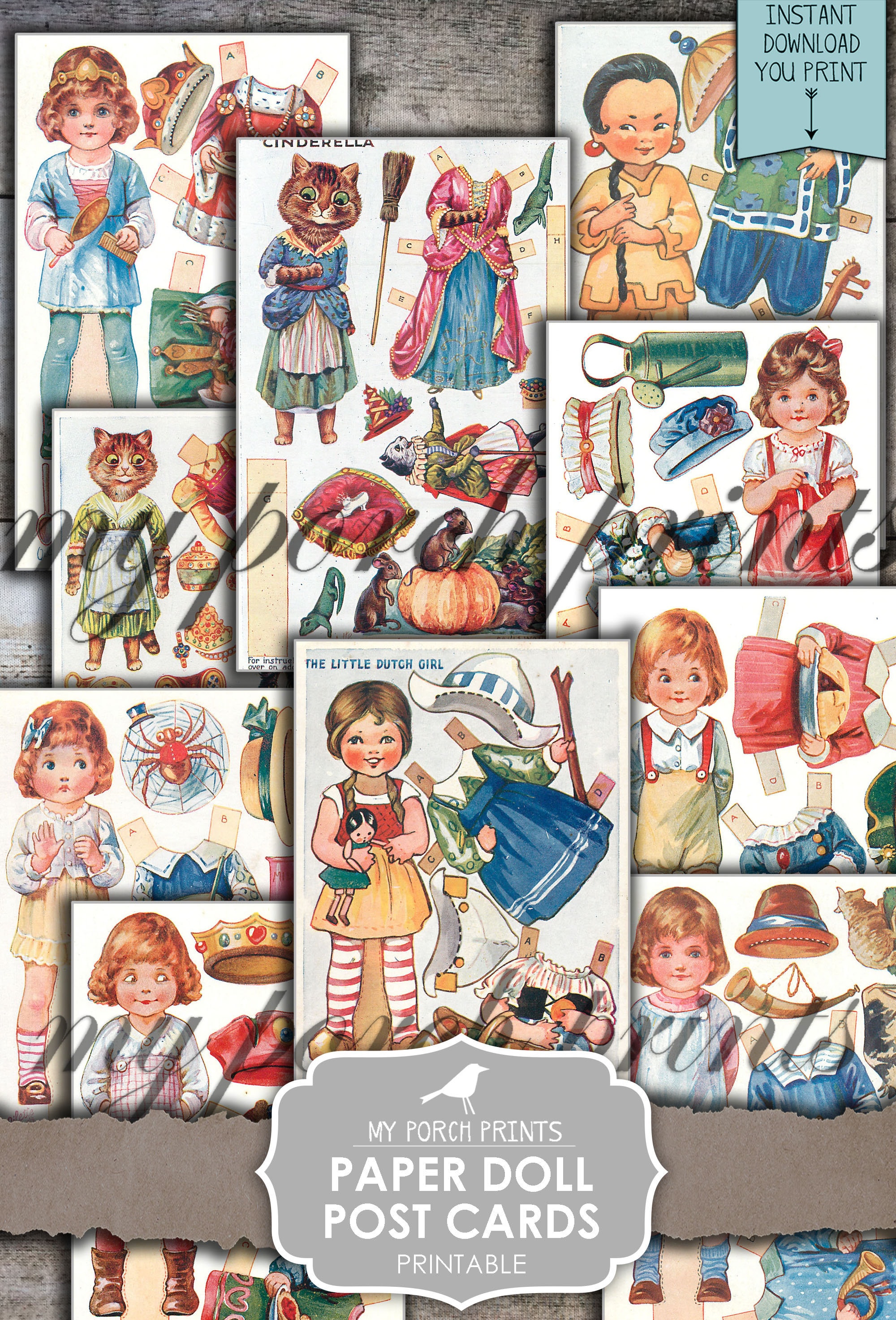 Junk Journal Ephemera, Paper Doll, Postcards, Post Card, Children's, Nursery Rhyme, My Porch Prints, Printable, Vintage, Digital Download