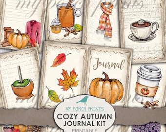 May include: A printable journal kit with a cozy autumn theme. The kit includes images of pumpkins, leaves, coffee, and other fall-themed elements. The text "My Porch Prints Cozy Autumn Journal Kit Printable" is included in the image.