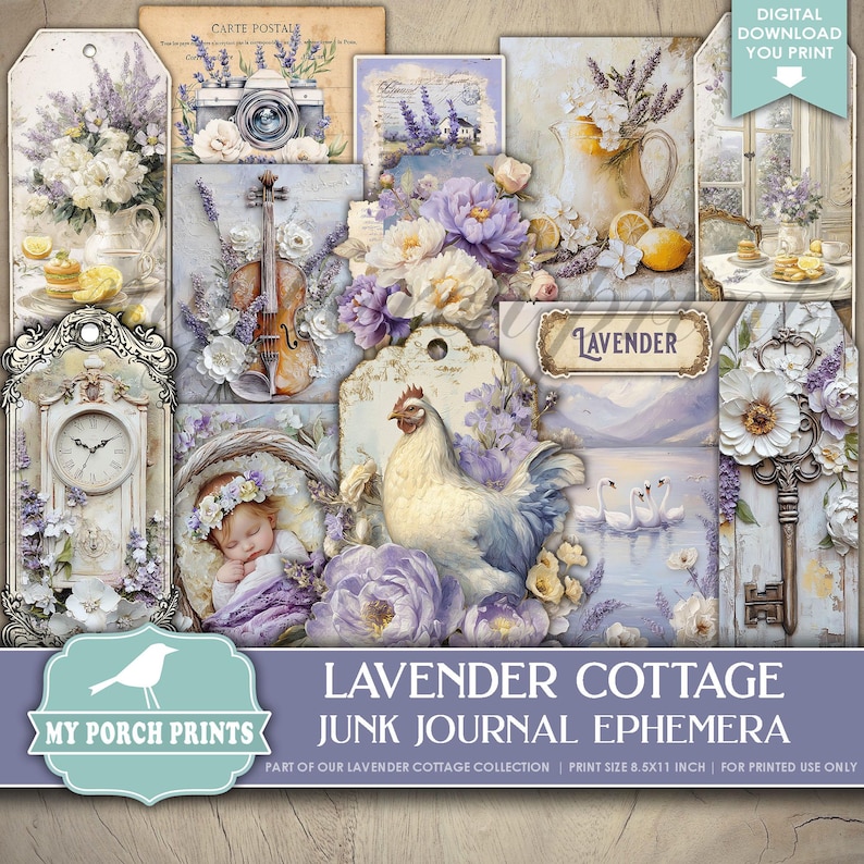 Lavender Cottage EPHEMERA, Junk Journal, Kit, Vintage, Purple, Ivory ...