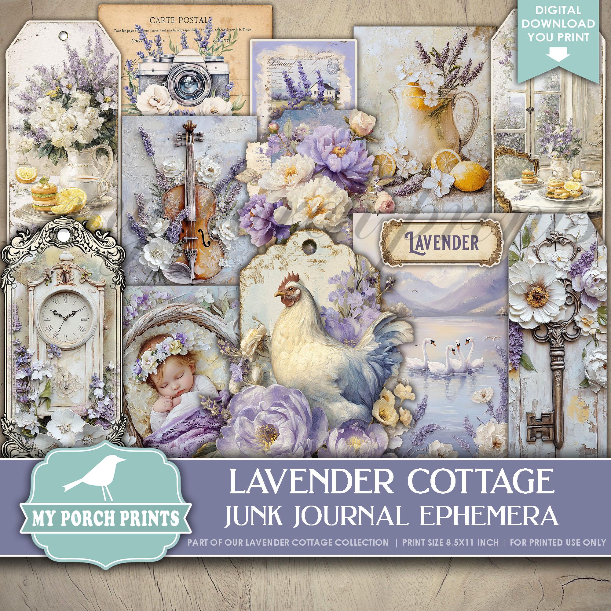 Lavender Cottage EPHEMERA, Junk Journal, Kit, Vintage, Purple, Ivory, Floral, Spring, Farm, My Porch Prints Printable Digital Download