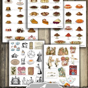 K&ouml;nnte beinhalten: Ein Set mit 14 bedruckbaren Bl&auml;ttern mit filigranen Ausschnitten f&uuml;r K&uuml;che und Backen. Die Bilder sind im Vintage-Stil gehalten und zeigen verschiedene Desserts, Teetassen und Personen in altmodischer Kleidung.