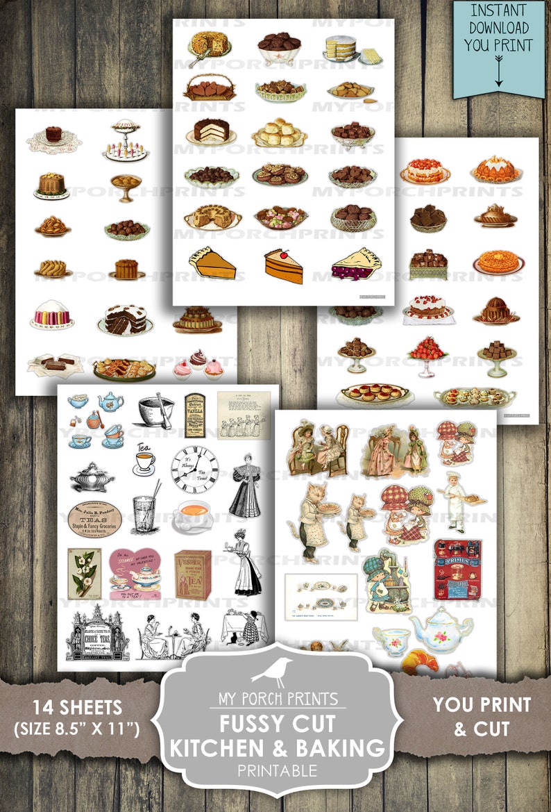 K&ouml;nnte beinhalten: Ein Set mit 14 bedruckbaren Bl&auml;ttern mit filigranen Ausschnitten f&uuml;r K&uuml;che und Backen. Die Bilder sind im Vintage-Stil gehalten und zeigen verschiedene Desserts, Teetassen und Personen in altmodischer Kleidung.
