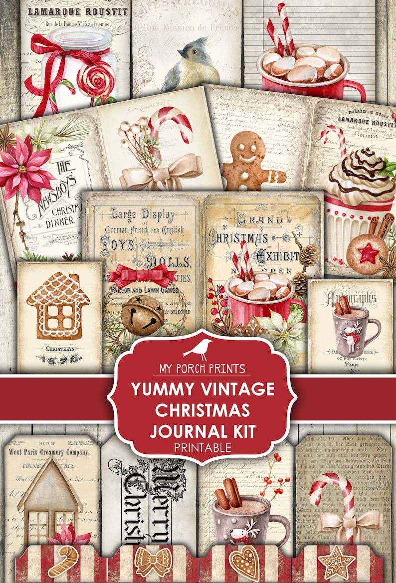 Christmas, Junk Journal, Kit, Yummy, Vintage, Printable, My Porch Prints, Digital, December Daily, Gift, Red, Tags, Embellishment, Download 