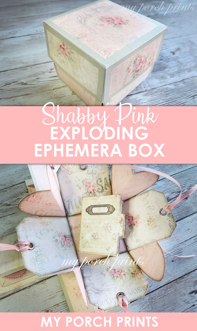 May include: A shabby pink exploding box with a floral design. The box is open and the inside is filled with small, decorative items. The box is made of paper and has a vintage look.