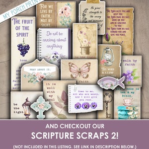 May include: A collection of printable digital scrapbook paper featuring inspirational quotes and images. The paper features a variety of colors and designs, including purple, pink, blue, and green. The quotes include "The Fruit of the Spirit", "Do not be anxious about anything", "Pray About It", "It is well with my soul", "Thy Word is a Lamp Unto My Feet", "Come to me, all who are weary, and I will give you rest", "All I need is tea & my Bible", "Walk by faith", "Be the light", and "He gives strength to the weary and increases in of ak."