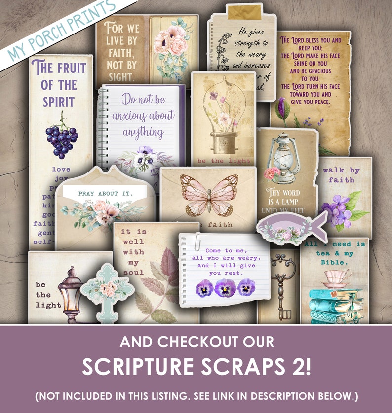 May include: A collection of printable digital scrapbook paper featuring inspirational quotes and images. The paper features a variety of colors and designs, including purple, pink, blue, and green. The quotes include "The Fruit of the Spirit", "Do not be anxious about anything", "Pray About It", "It is well with my soul", "Thy Word is a Lamp Unto My Feet", "Come to me, all who are weary, and I will give you rest", "All I need is tea & my Bible", "Walk by faith", "Be the light", and "He gives strength to the weary and increases in of ak."