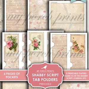 Op de afbeelding: Printbare tabbladen in shabby chic-stijl met een bloemenmotief. De tabbladen hebben zes pagina's met zakken en zijn ontworpen om te gebruiken als een dagboek of planner. De tekst op de afbeelding luidt "My Porch Prints Shabby Script Tab Folders Printable".