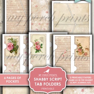 Tab Folders, Shabby Script, Junk Journal, Vintage, Folder, Pockets, Ephemera, My Porch Prints, Insert, Digital Kit, Download, Printable image 4