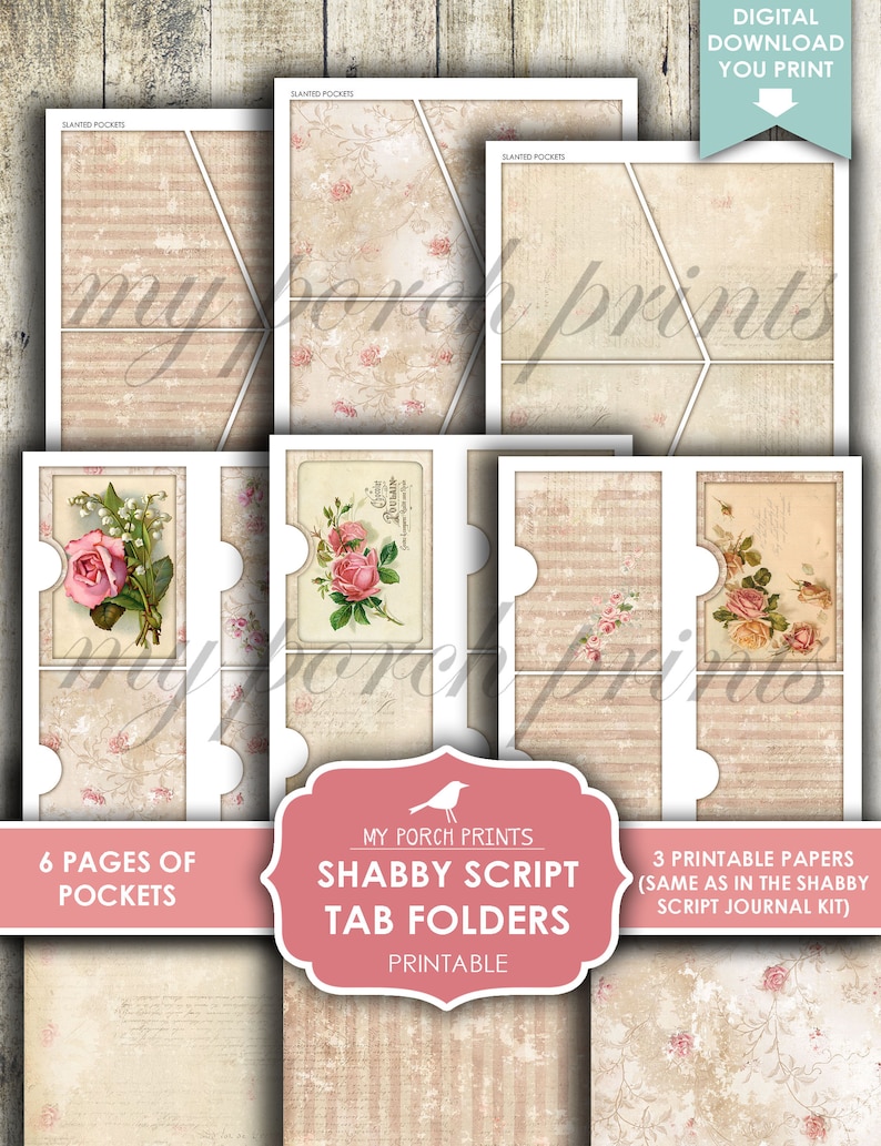 Op de afbeelding: Printbare tabbladen in shabby chic-stijl met een bloemenmotief. De tabbladen hebben zes pagina's met zakken en zijn ontworpen om te gebruiken als een dagboek of planner. De tekst op de afbeelding luidt "My Porch Prints Shabby Script Tab Folders Printable".