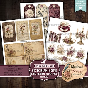 May include: A digital download junk journal scrap pack featuring Victorian-style ephemera including floral postcards, vintage tags, a teacup, books, and candle holders. The collection displays botanical illustrations, aged paper textures, and script text.