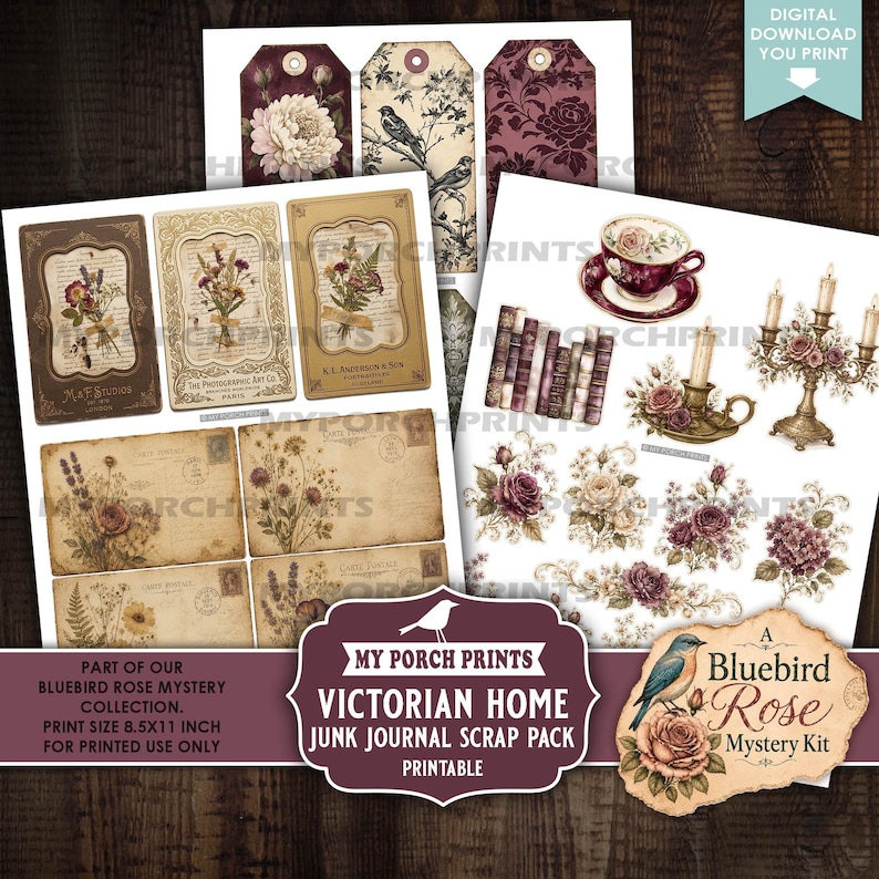 May include: A digital download junk journal scrap pack featuring Victorian-style ephemera including floral postcards, vintage tags, a teacup, books, and candle holders. The collection displays botanical illustrations, aged paper textures, and script text.