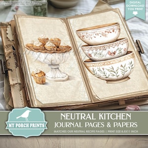 Neutral Kitchen Junk Journal PAGES & PAPERS, Recipe, Dessert, Bakery, Cook Book, Food, Baking, My Porch Prints, Printable, Digital Download
