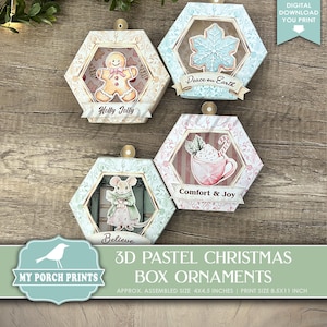 3D Pastel Christmas Shadow Box Ornaments, Craft, Decoration, DIY, Mouse, Gift Idea, Pink, Tree, My Porch Prints, Printable, Digital Download