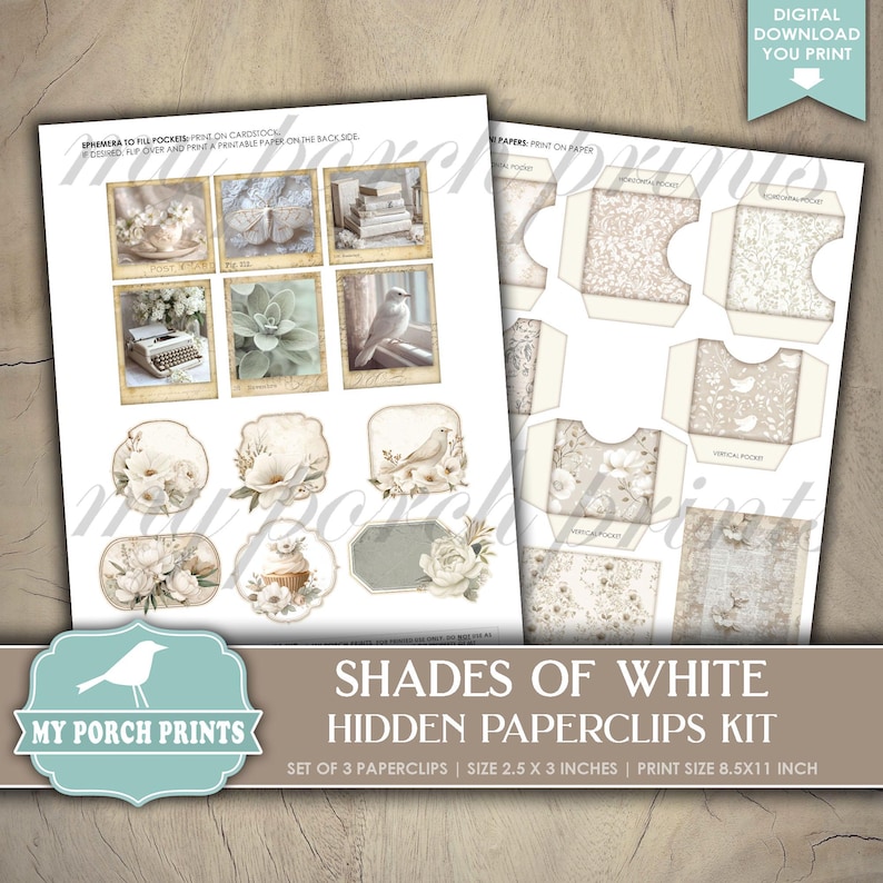 Shades of White Hidden Paperclips Kit, 3, Junk Journal, Paper Clip ...