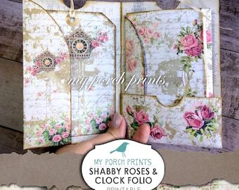 Junk Journal Kit, Shabby, Rose, Uhr, Folio, Tasche, geladener Umschlag, bedruckbar, Ephemera, Portfolio, Papier, Einlage, Scrapbook, Download