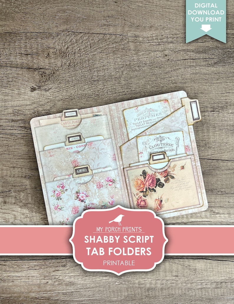 Op de afbeelding: Printbare tabbladen in shabby chic-stijl met bloemmotieven en schrijflettertype. De mappen hebben tabbladen met de labels "Carte Post", "Rie Cone", "Perfumes", "Toilet Soaps", "Toilet Requis" en "Clouterie Bottiers".