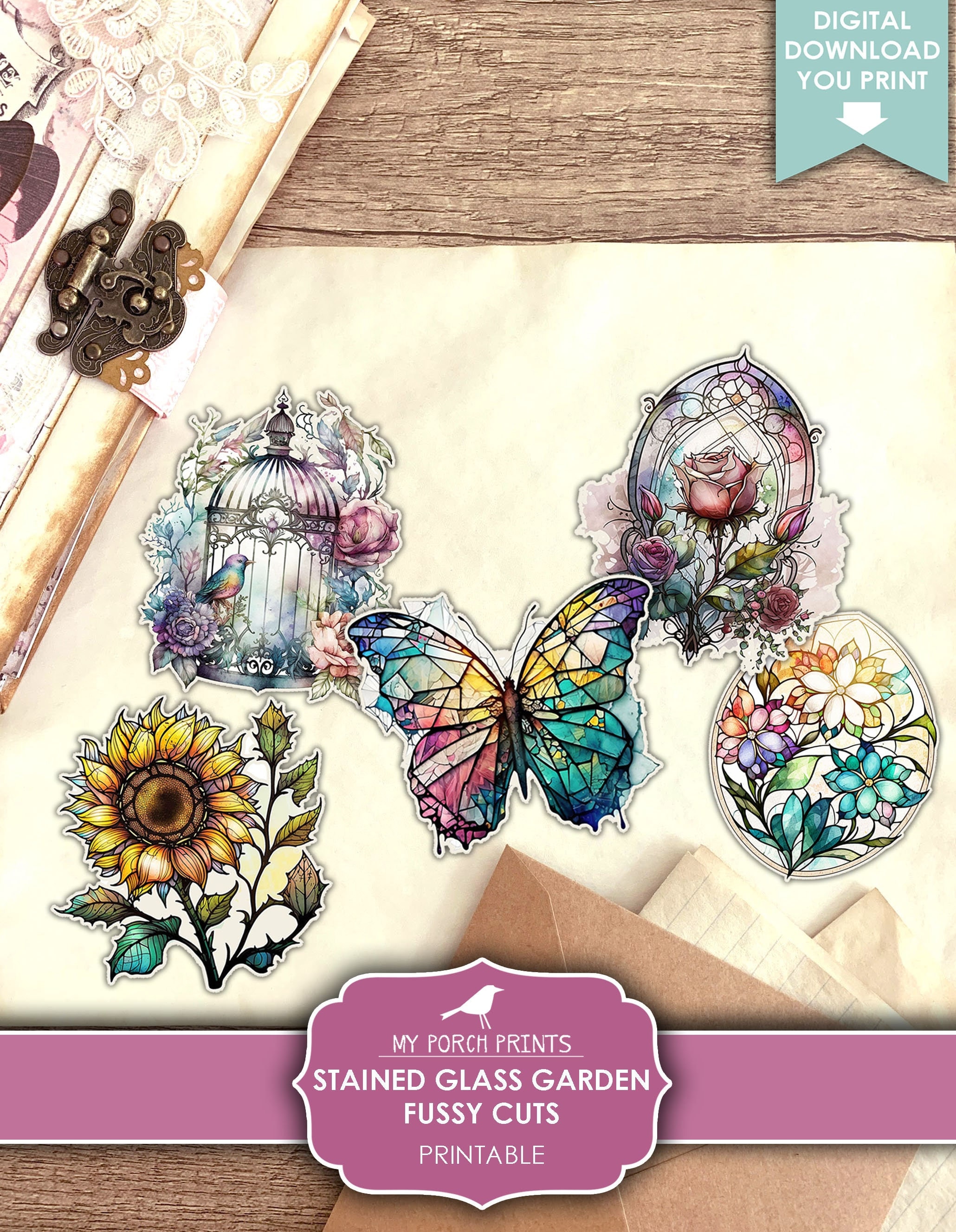 Junk Journal, Stained Glass, Garden, Fussy Cuts, Colorful, Window, Cricut, Planner, Stickers, Printable, My Porch Prints, Digital Download