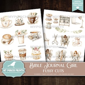 May include: Watercolor illustrations of coffee cups, cupcakes, and spools of thread, with the text "Bible Journal Girl Fussy Cuts." The images are in soft pastel colors, with floral and cross accents. Includes a digital download print.