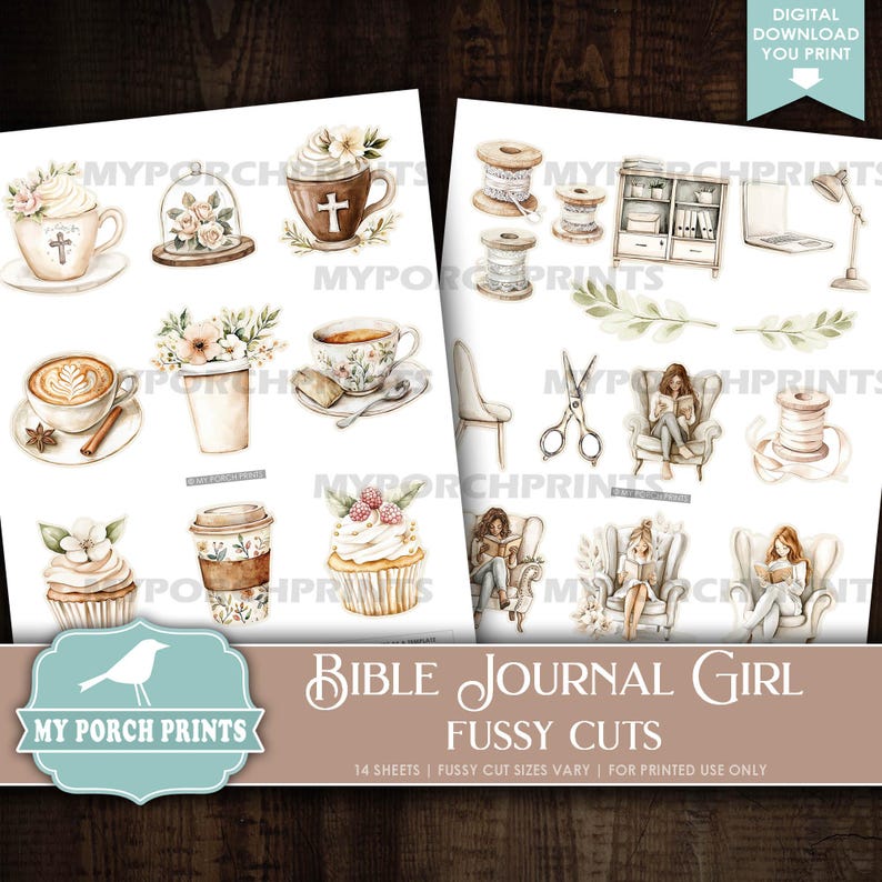 May include: Watercolor illustrations of coffee cups, cupcakes, and spools of thread, with the text "Bible Journal Girl Fussy Cuts." The images are in soft pastel colors, with floral and cross accents. Includes a digital download print.