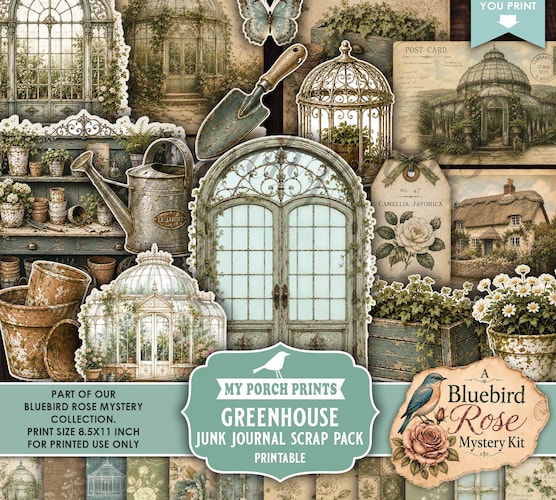 Bluebird Rose Mystery Greenhouse Scrap Pack — Vintage Teal Garden Junk Journal Kit