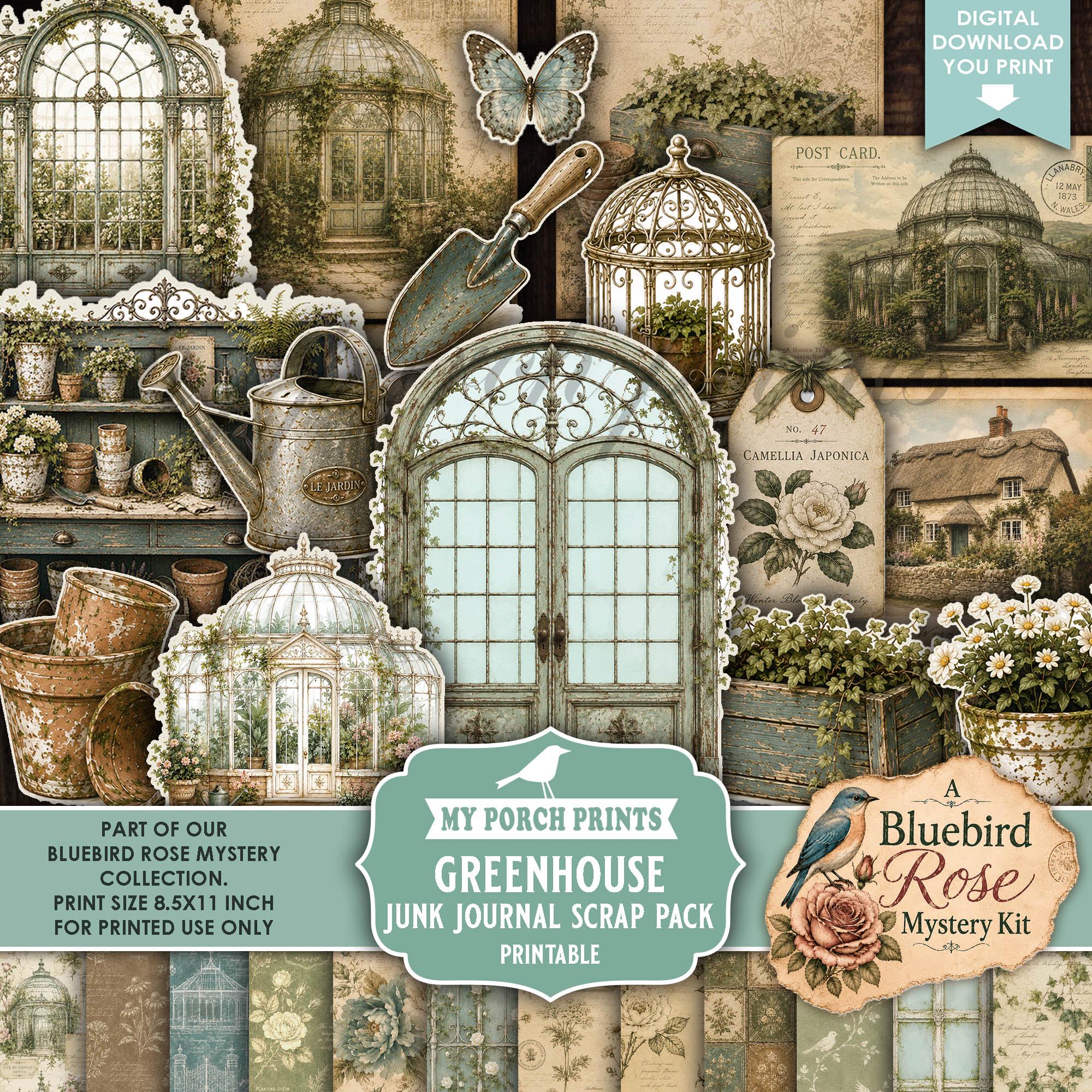 Bluebird Rose Mystery Greenhouse Scrap Pack, Junk Journal Kit Papers Vintage Teal Garden Floral My Porch Prints Printable Digital Download