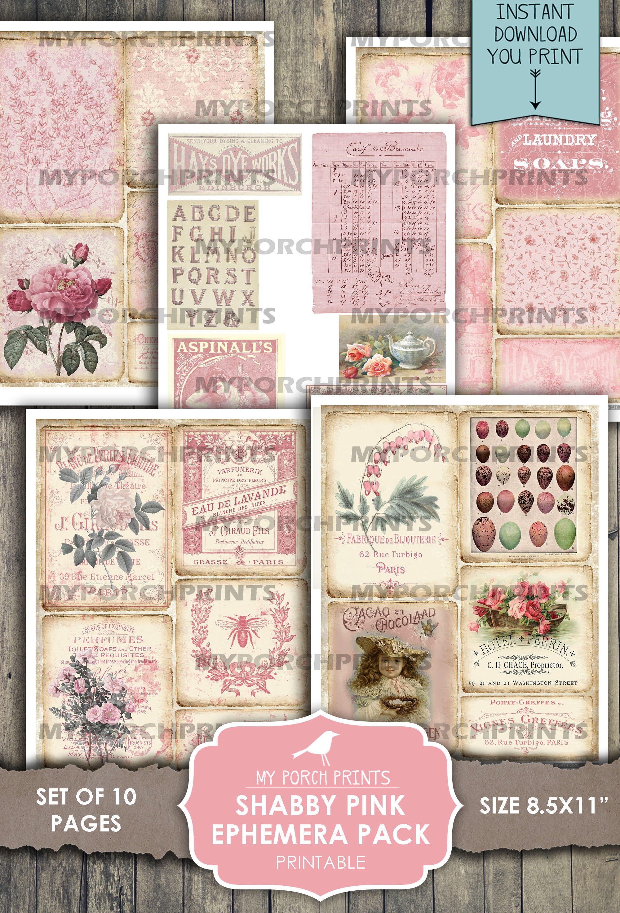 Shabby Pink Ephemera Pack, Junk Journal, Papers, My Porch Prints, Tag ...
