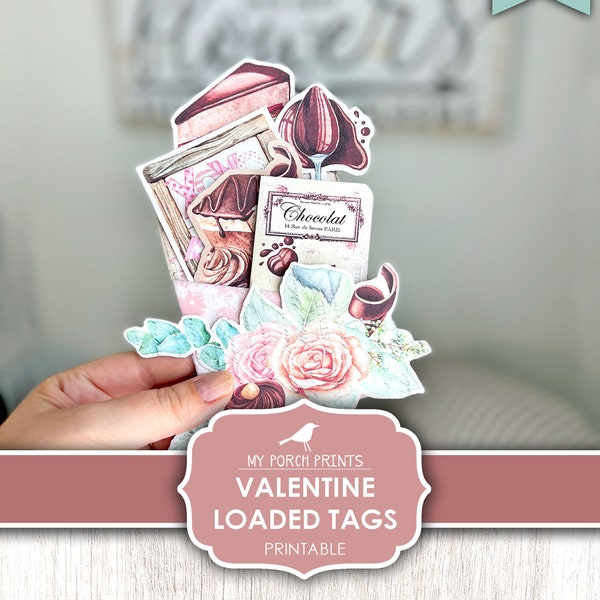 Valentine, Loaded Tags, Junk Journal, Flowers, Gift, Card, Valentine's Day, Chocolate, Kit, Printable, My Porch Prints, Digital Download