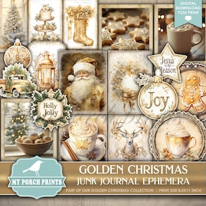 Golden Christmas EPHEMERA, Junk Journal, Kit, Gold, Victorian, Vintage, Postcards, Neutral, My Porch Prints, Printable Digital Download