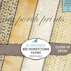 May include: Four digital paper designs featuring a honeycomb pattern on a vintage background. The papers are labeled "My Porch Prints Bee Honeycomb Papers Printable" and "Close-up Detail".