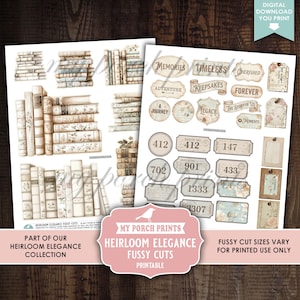 May include: Two sheets of printable fussy cuts featuring vintage book illustrations and decorative tags. The designs include stacks of books in various sizes and styles, along with labels and tags with phrases like "Memories" and "Forever". The text "Heirloom Elegance" is also visible.