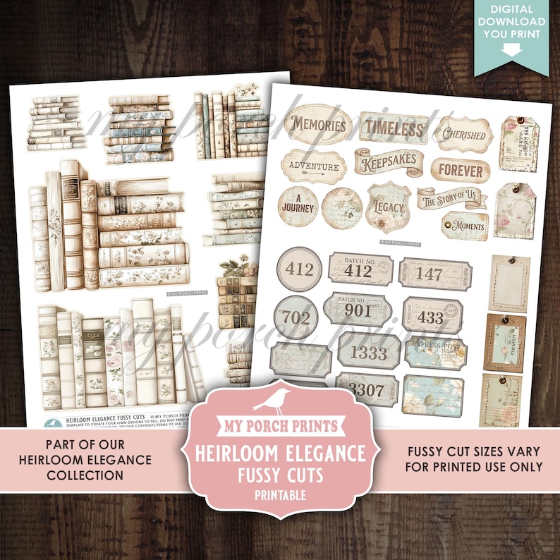 May include: Two sheets of printable fussy cuts featuring vintage book illustrations and decorative tags. The designs include stacks of books in various sizes and styles, along with labels and tags with phrases like "Memories" and "Forever". The text "Heirloom Elegance" is also visible.