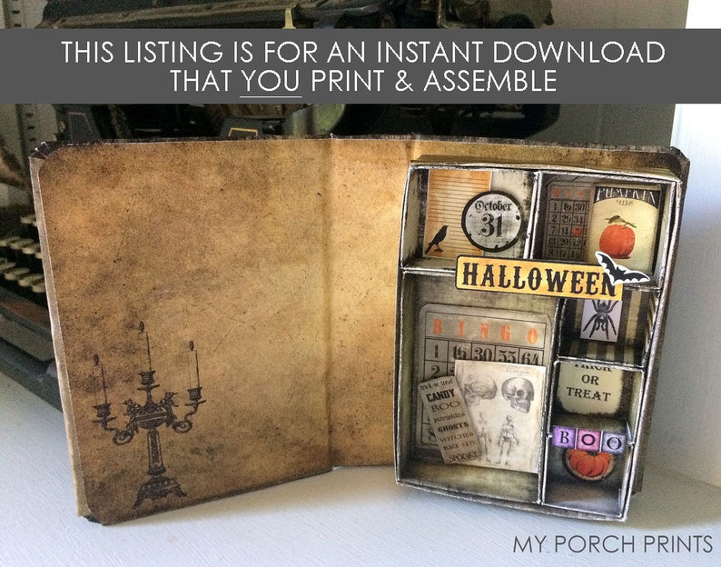 Puede incluir: Proyecto de manualidades de caja de libro imprimible con tem&aacute;tica de Halloween. La caja est&aacute; abierta para revelar una variedad de im&aacute;genes y texto con tem&aacute;tica de Halloween, que incluyen "Octubre 31", "Halloween", "Bingo", "Candy Boo", "Ghosts", "Or Treat" y "Boo".